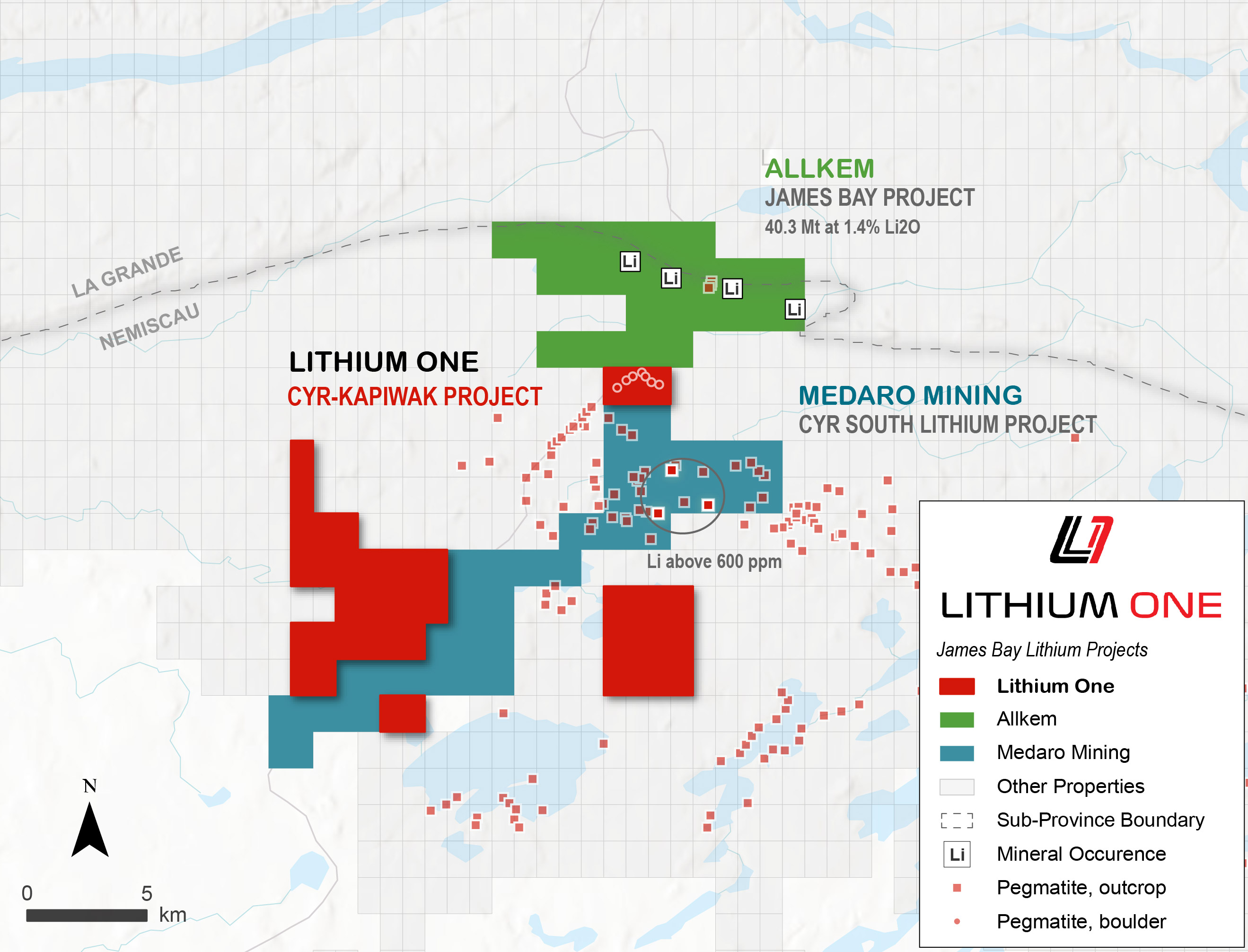 Lithium One’s Cyr-Kapiwak property with Galaxy Lithium and Medaro Mining projects in the James Bay region of Quebec.