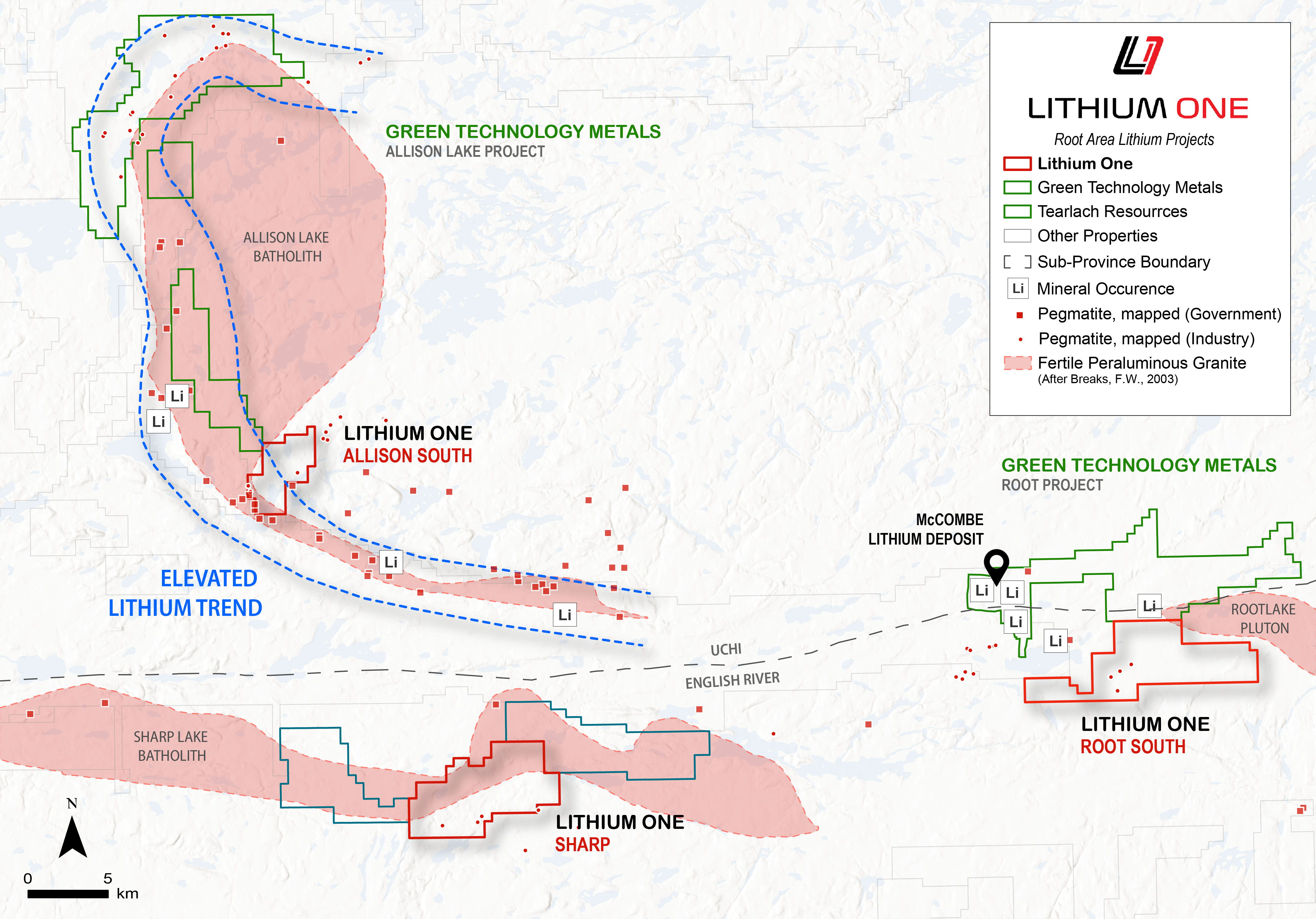 Lithium One’s Root Lithium Project is made up of five distinct properties totaling 19,786 ha in northwest Ontario in the Red Lake Mining District.