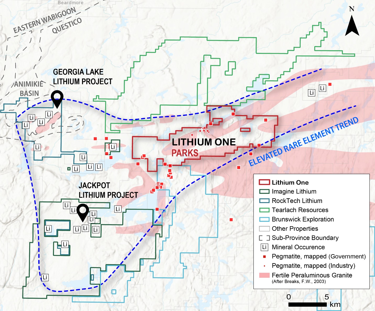 Parks Lithium Property map showing the location of lithium showings and Rock Tech Lithium’s Georgia Lake Project in the Thunder Bay Mining Division in northwest Ontario.