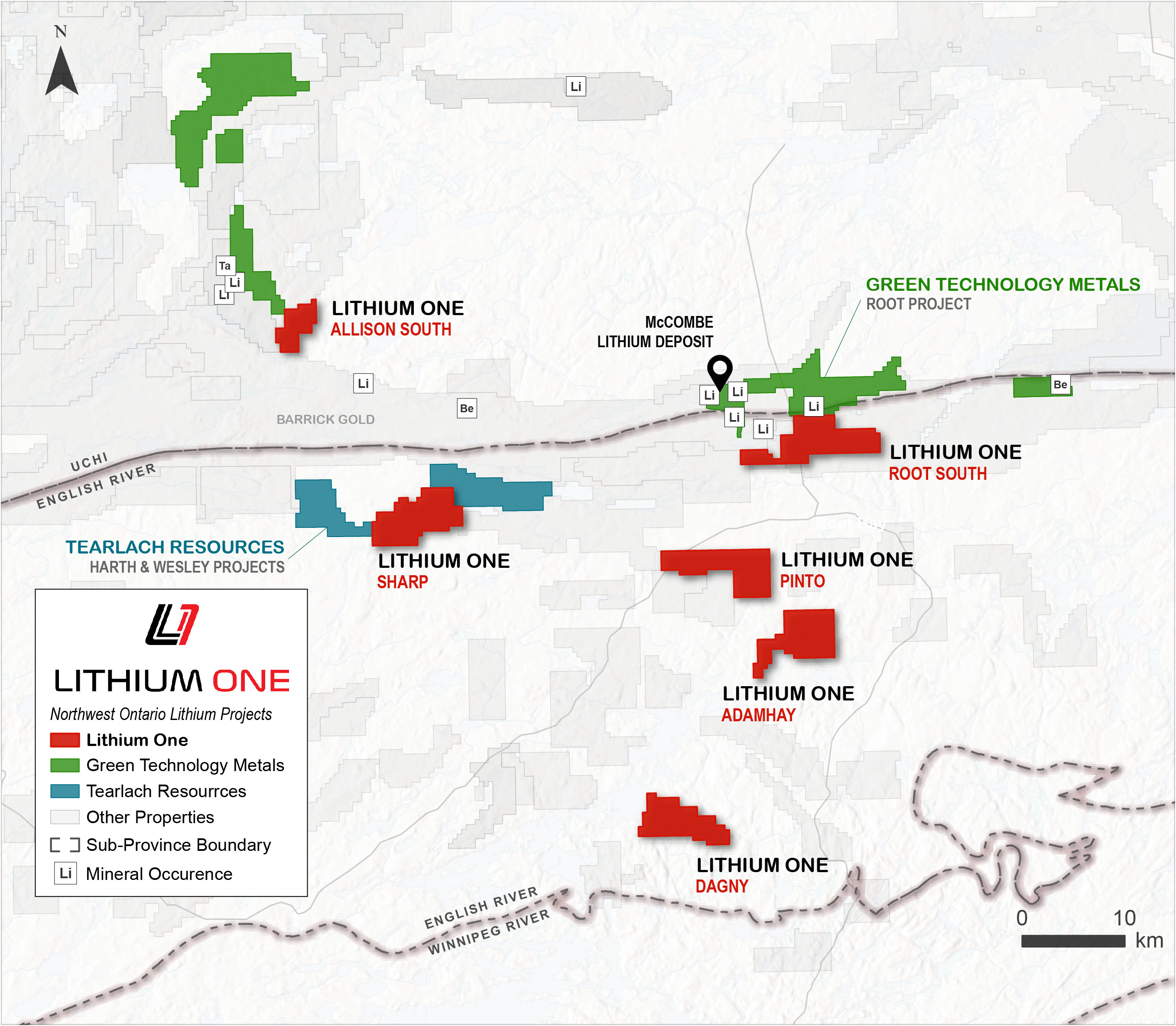 Lithium One’s Root Lithium Project is made up of five distinct properties totaling 19,786 ha in northwest Ontario in the Red Lake Mining District.