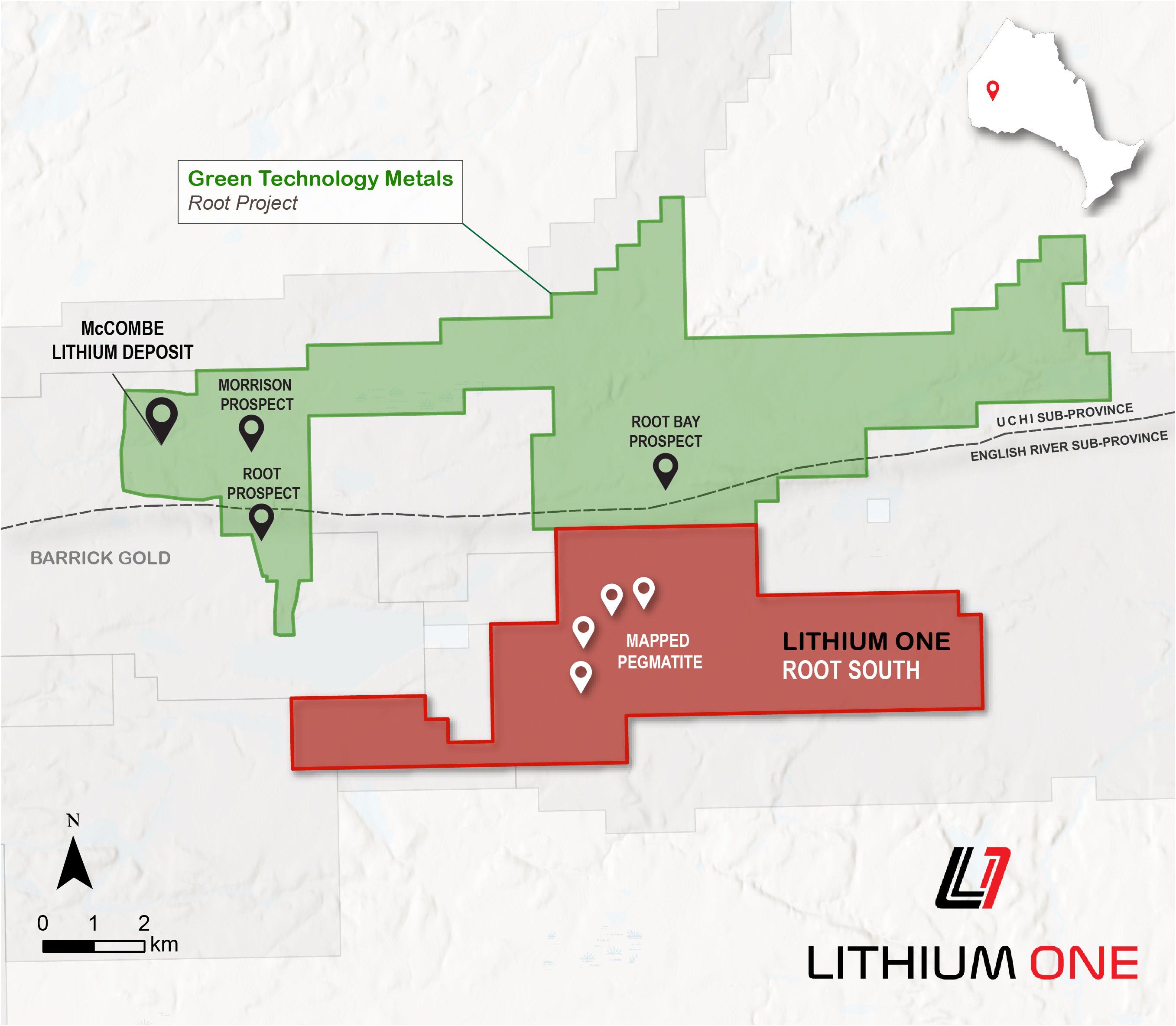 Lithium One’s Root South Lithium Property showing the location of mapped pegmatites and Green Technology Metals Root Project and McCombe Lithium Deposit.