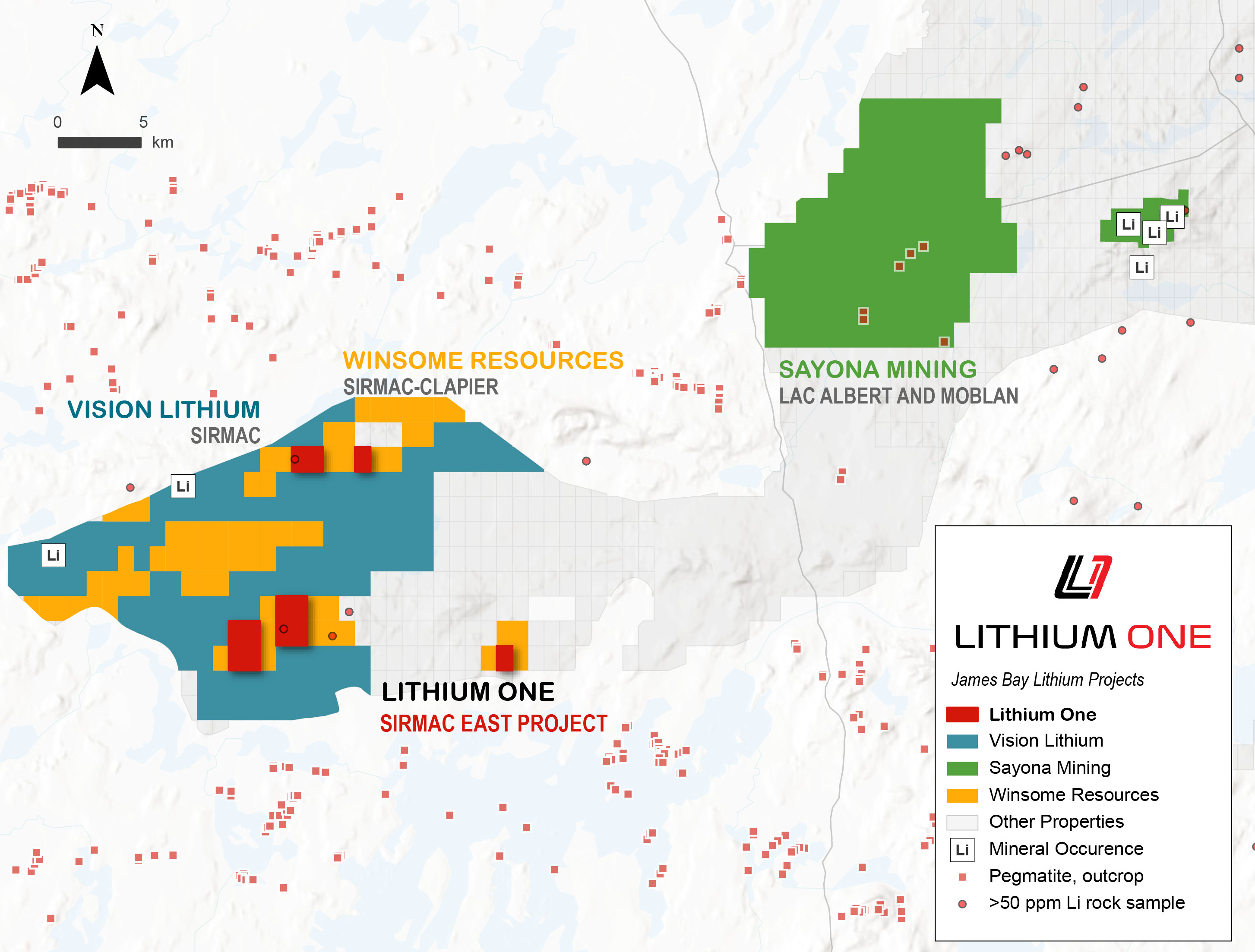 Lithium One’s Sirmac East property with Vision Lithium and Troilus Gold projects in the James Bay region of Quebec.