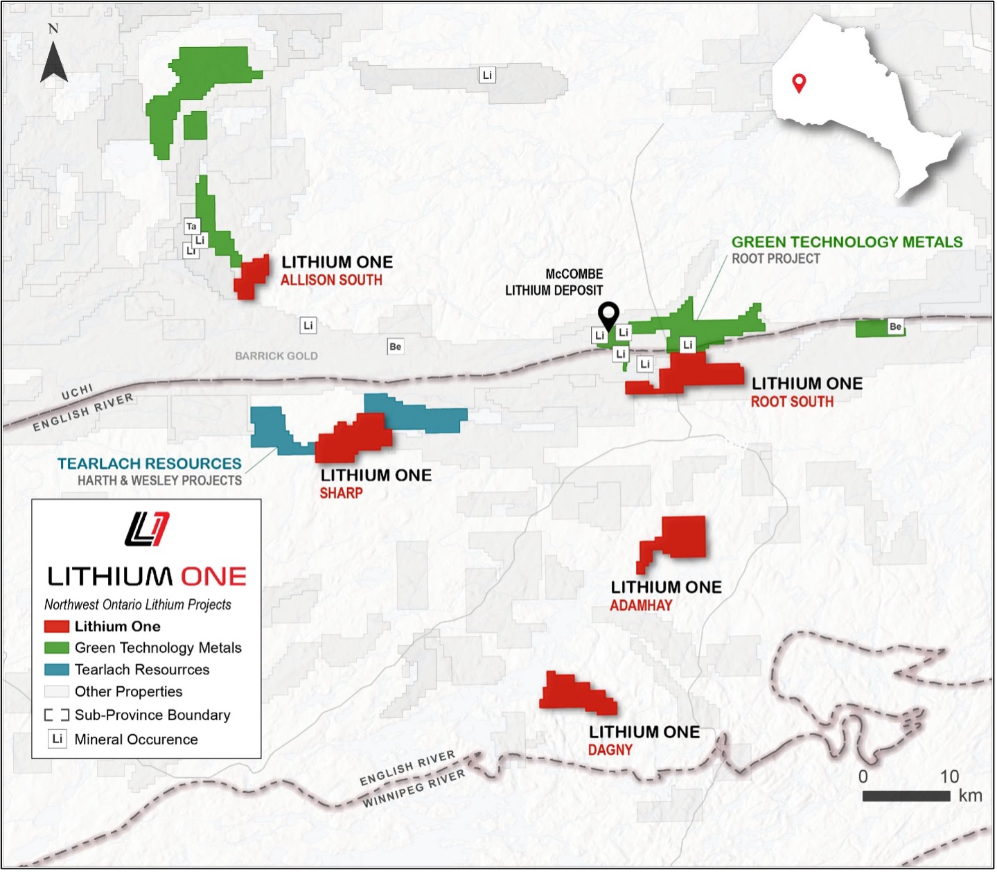 Figure 1. Overview map showing the location of five of Lithium One’s new lithium properties in the Red Lake Mining Division in northwestern Ontario.