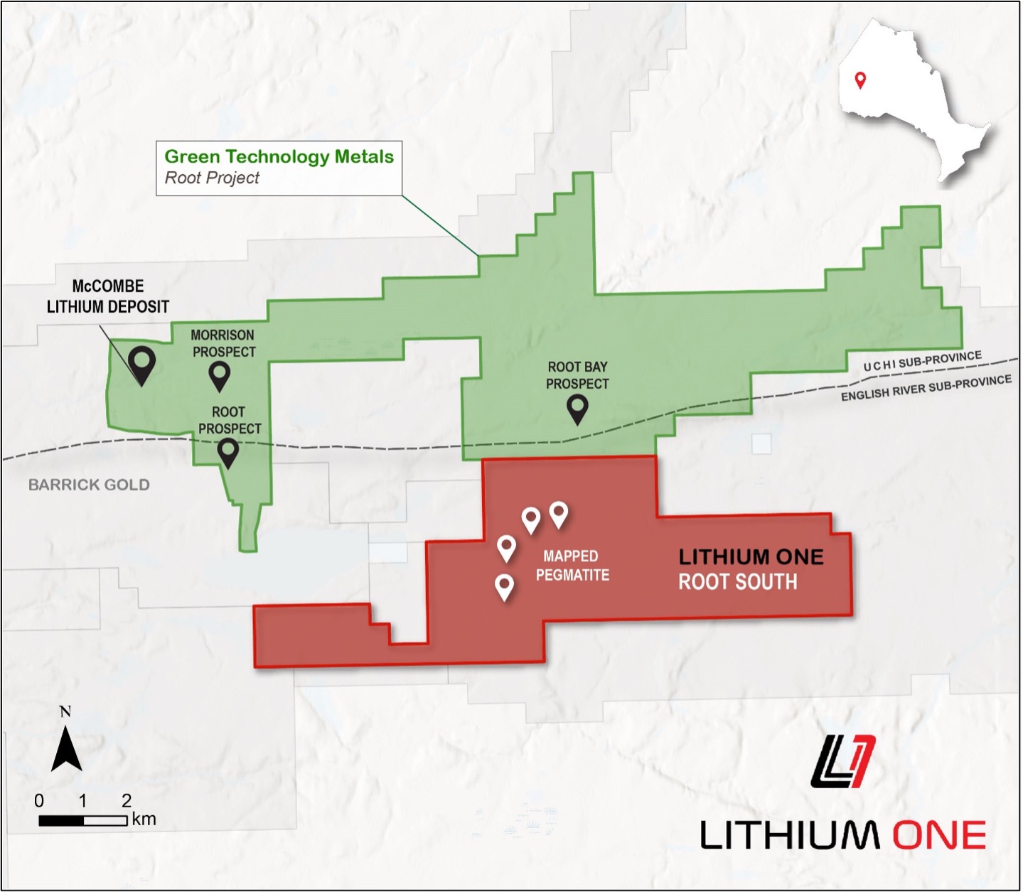 Figure 2. Root South Lithium property map showing the location of mapped pegmatites Green Technology Metal’s Root project.