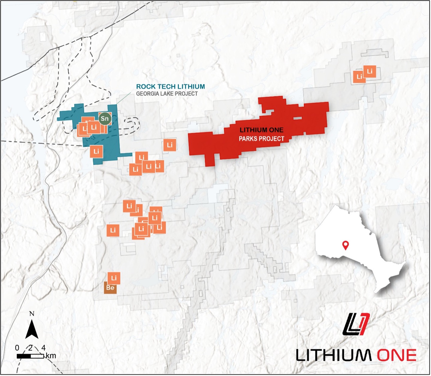 Figure 3. Parks Lithium property map showing the location of lithium showings and Rock Tech Lithium’s Georgia Lake Project in the Thunder Bay Mining Division in northwest Ontario.