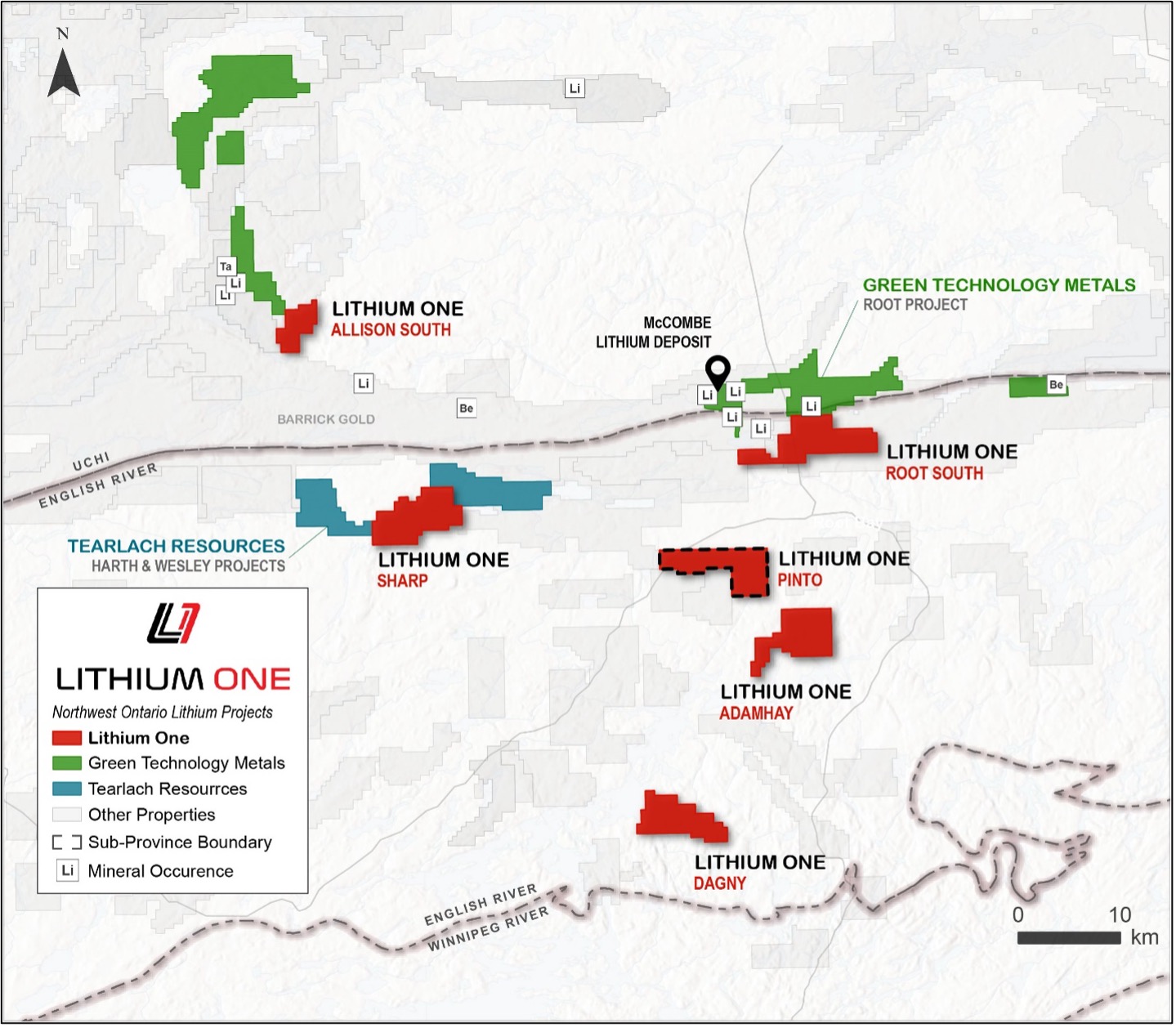 Figure 1. Overview map showing the location the new Pinto Lithium Property and LONE’s other lithium properties in the Red Lake Mining Division in northwestern Ontario.