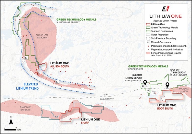 The Company’s Allison South, Root South and Sharp Projects with mapped pegmatites and nearby deposits.