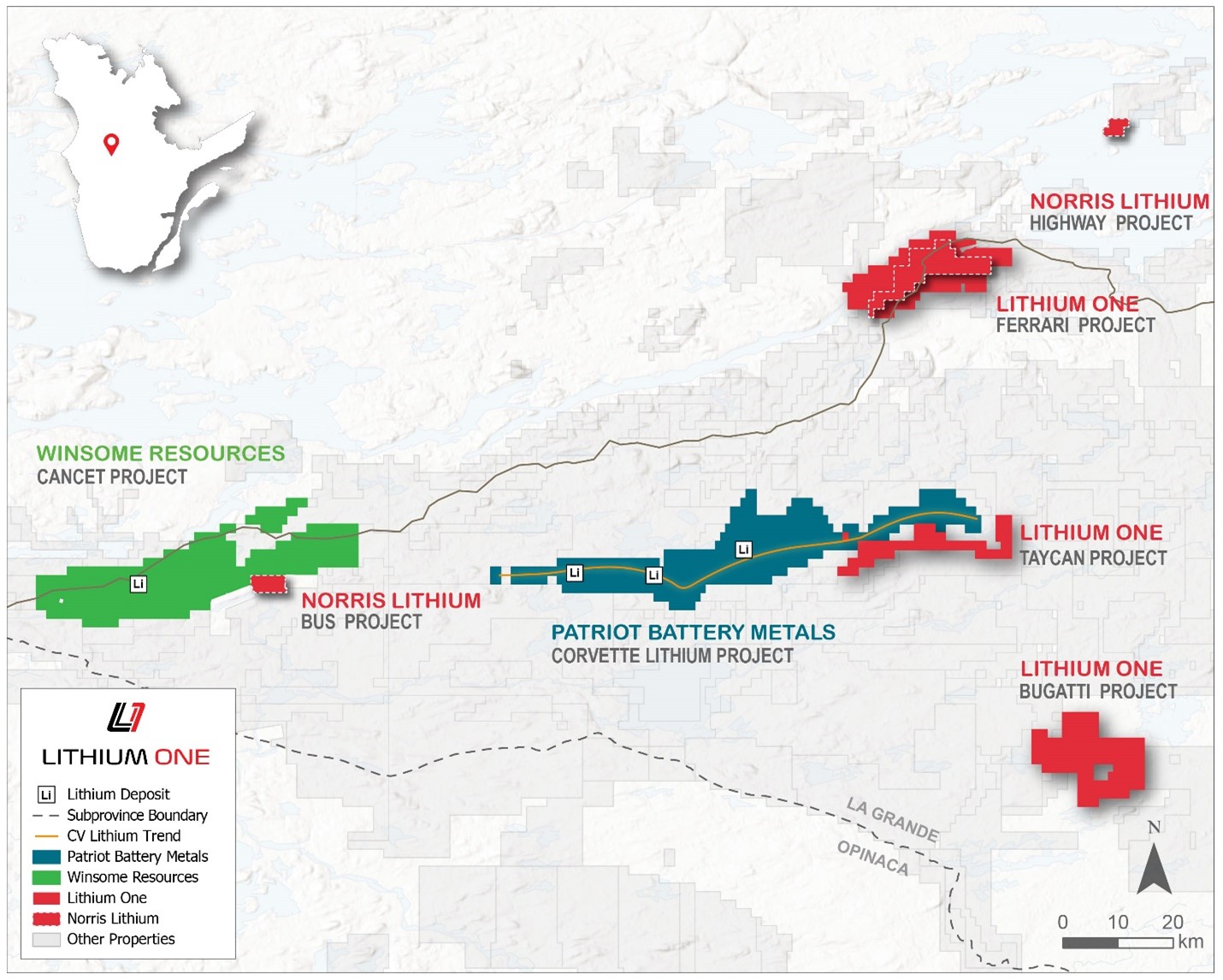 Property map showing the combined land position of Lithium One and Norris Lithium and other properties of interest in the Corvette project area of James Bay, Québec.
