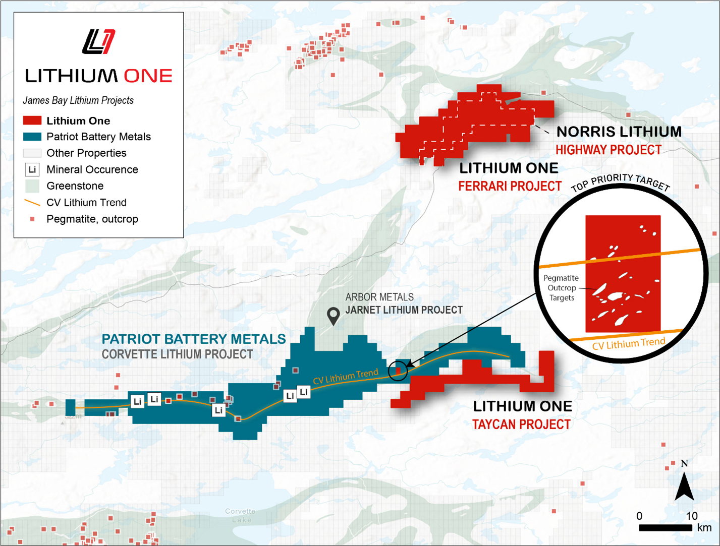 Lithium One’s top priority targets at the Taycan Lithium Project, showing the Ferrari Project, Norris Lithium’s Highway Project and the “CV Lithium Trend” identified by Patriot Battery Metals.